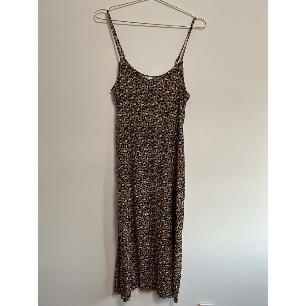 VTG Aerie Slip Dress Med Maxi‎ Leopard Print Strappy V Neck Side Slits Raw Hem